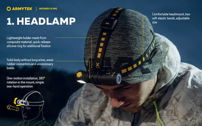 Lampe Frontale Armytek Wizard C2 WG – 1100 Lumens White / 400 Lumens Vert  NYCTALOPE  