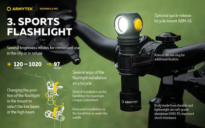 Lampe Frontale Armytek Wizard C2 WG – 1100 Lumens White / 400 Lumens Vert  NYCTALOPE  