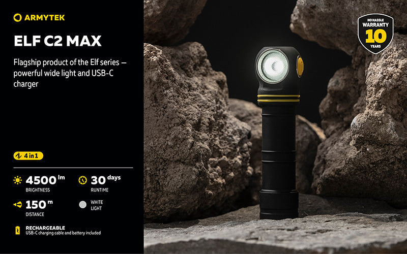 Lampe Frontale Armytek Elf C2 Max 4500 Lumens - Faisceau Large 150° - 4 en 1 - Rechargeable USB-C