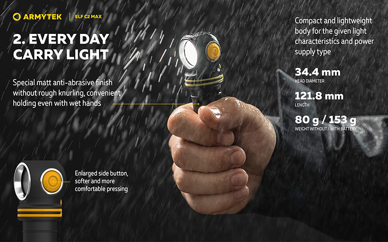 Lampe Frontale Armytek Elf C2 Max 4500 Lumens - Faisceau Large 150° - 4 en 1 - Rechargeable USB-C