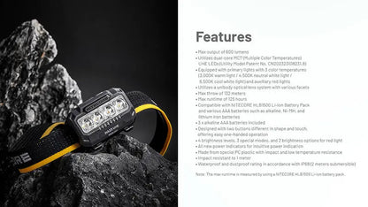 Lampe Frontale Nitecore HA23 UHE 600 Lumens - 3 températures de couleur - Double alimentation - IP68 - NYCTALOPE