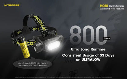Lampe Frontale Nitecore HC68 Rechargeable – 2000 Lumens  NYCTALOPE  