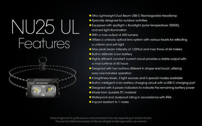 Lampe Frontale Nitecore NU25UL – 400 Lumens  NYCTALOPE  