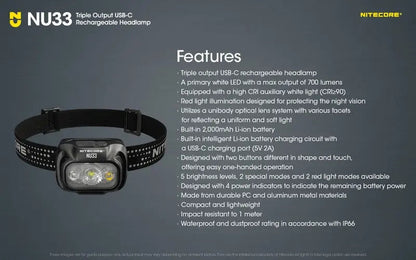 Lampe Frontale Nitecore NU33 – 700 Lumens  NYCTALOPE  