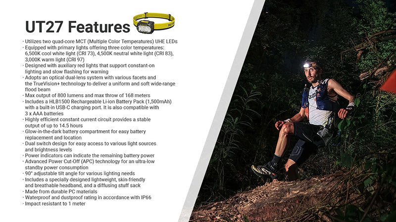 Lampe Frontale Nitecore UT27 PRO - 800 Lumens livrée avec 2 batteries HLB1500 - version 2025  NYCTALOPE  