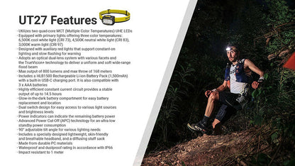 Lampe Frontale Nitecore UT27 PRO - 800 Lumens livrée avec 2 batteries HLB1500 - version 2025  NYCTALOPE  