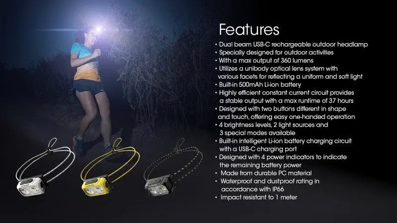 Lampe Frontale spéciale course Nitecore NU21 Noir – 360 Lumens – Rechargeable  NYCTALOPE  