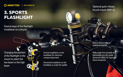 Lampe Frontale Armytek Elf C2 Max LR 4500 Lumens - Portée 235m Longue Distance - 4 en 1 - Rechargeable USB-C