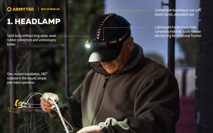 Lampe Frontale Armytek Elf C2 Max LR 4500 Lumens - Portée 235m Longue Distance - 4 en 1 - Rechargeable USB-C
