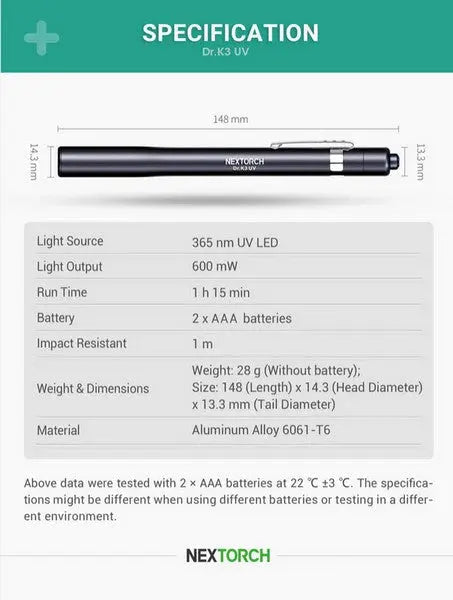 Lampe Nextorch DR K3UV 600mW - 10 Lumens Jaune  NYCTALOPE  