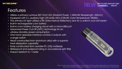 Lampe Nitecore TIKI UV – 1000mW 365nm rechargeable, pour porte-clés  NYCTALOPE  