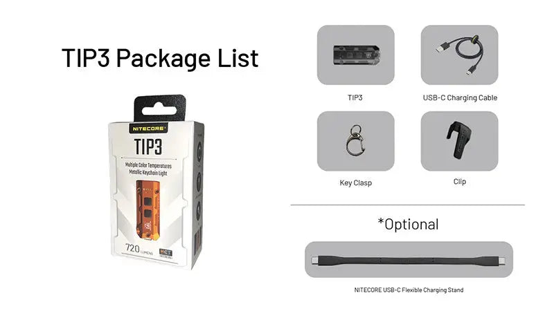 Lampe Porte-clés Nitecore TIP3 720 Lumens - 3 Températures de Couleur - Rechargeable USB-C  NYCTALOPE  