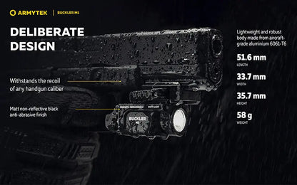 Lampe Tactique Armytek Buckler M1 700 Lumens - Montage Arme de Poing - Rechargeable Magnétique - IP67 - NYCTALOPE