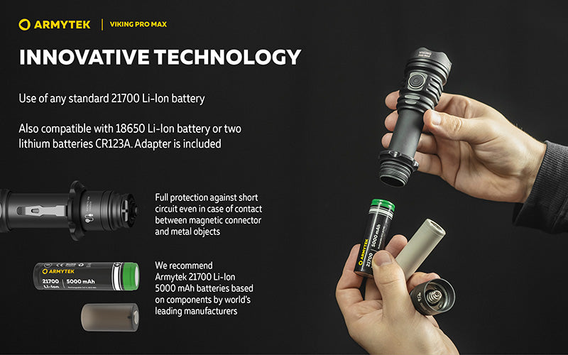 Lampe torche Armytek Viking Pro Max 5300 Lumens - Batterie 21700 Li-Ion 5000mAh - Portée de 355 mètres