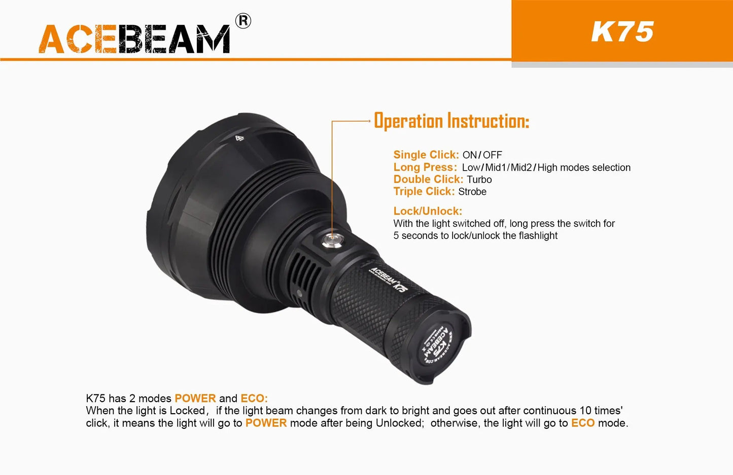 Lampe Torche Acebeam K75 – 6300 Lumens – Portée 2500 mètres  NYCTALOPE  
