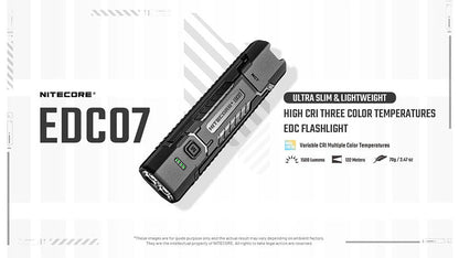 Lampe Torche Nitecore EDC07 - 1500 Lumens  - 3 Températures de Couleur - Rechargeable USB-C - Design Slim Ultra-Léger - NYCTALOPE