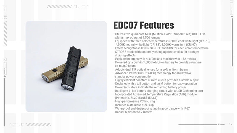 Lampe Torche Nitecore EDC07 - 1500 Lumens  - 3 Températures de Couleur - Rechargeable USB-C - Design Slim Ultra-Léger - NYCTALOPE