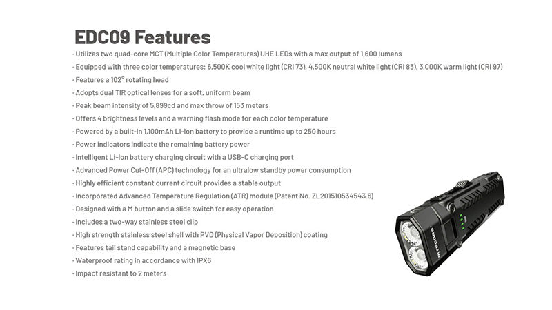 Lampe Torche Nitecore EDC09 - 1600 Lumens - Tête Rotative 102° - 3 Températures de Couleur  NYCTALOPE  