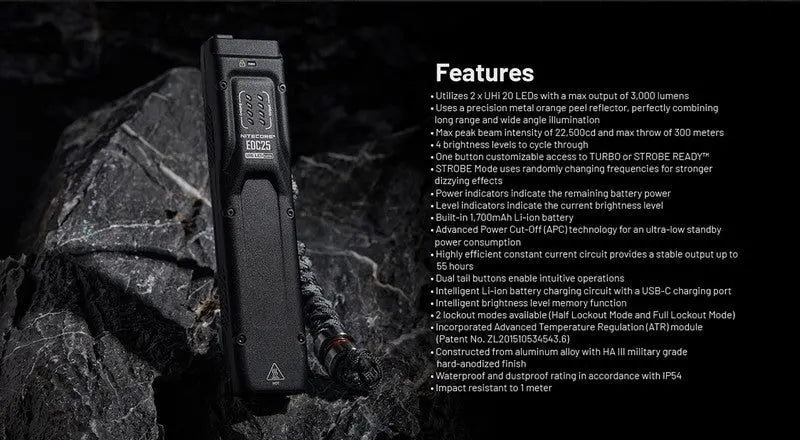 Lampe Torche Nitecore EDC25 - 3000 Lumens rechargeable  NYCTALOPE  