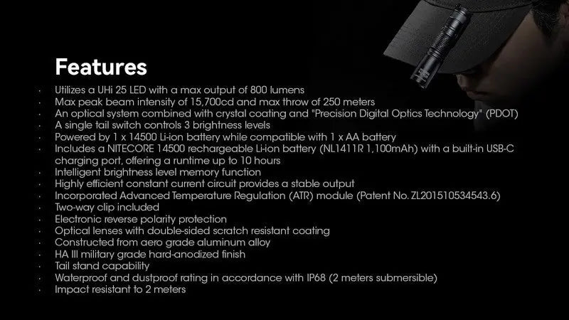 Lampe Torche Nitecore MT1A PRO - 800 Lumens  NYCTALOPE  