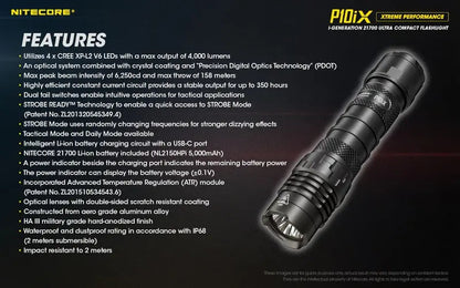 Lampe Torche Nitecore P10iX – 4000 Lumens - Rechargeable USB-C  NYCTALOPE  