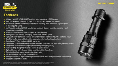 Lampe Torche Nitecore TM9K TAC – 9800 Lumens – Tactique et Rechargeable  NYCTALOPE  