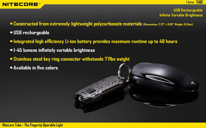 Lampe Torche Nitecore Tube - Ultra légère et rechargeable - 45 Lumens - NYCTALOPE