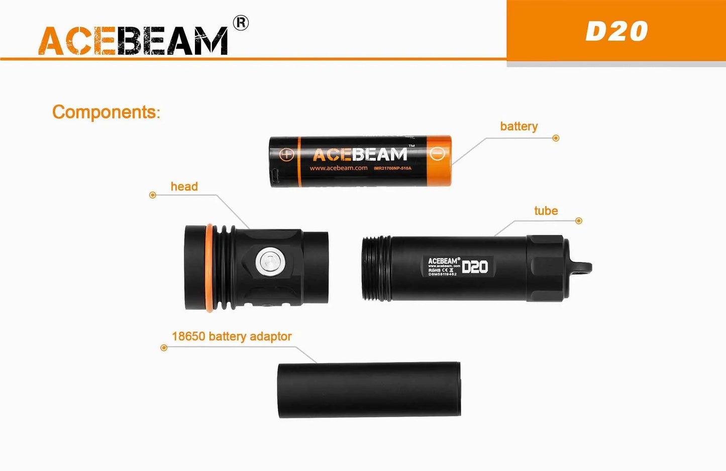 Lampe Torche de Plongée Acebeam D20 – 2700 Lumens - NYCTALOPE