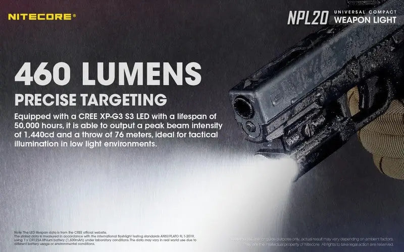 Lampe Torche pour arme Nitecore NPL20 – 460 Lumens  NYCTALOPE  