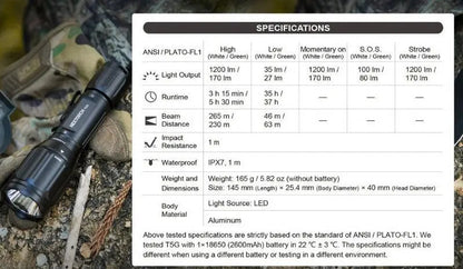 Lampe Torche tactique Nextorch T5G V2.0 SET - 1200 Lumens rechargeable - Kit chasse - lumière blanche et verte  NYCTALOPE  