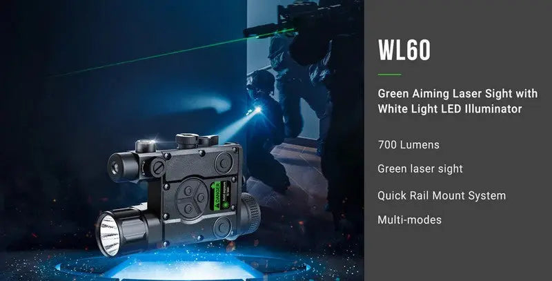 Lampe arme à feu Nextorch WL60 - 700Lumens - laser vert - Fixation sur rail  NYCTALOPE  