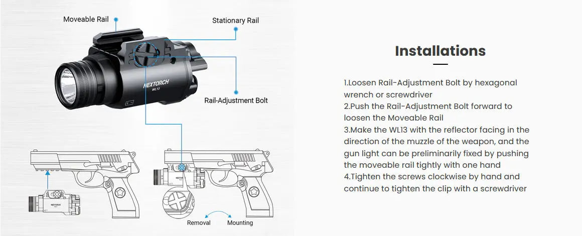 Lampe arme de poing Nextorch WL13 - 1300Lumens - Fixation sur rail  NYCTALOPE  