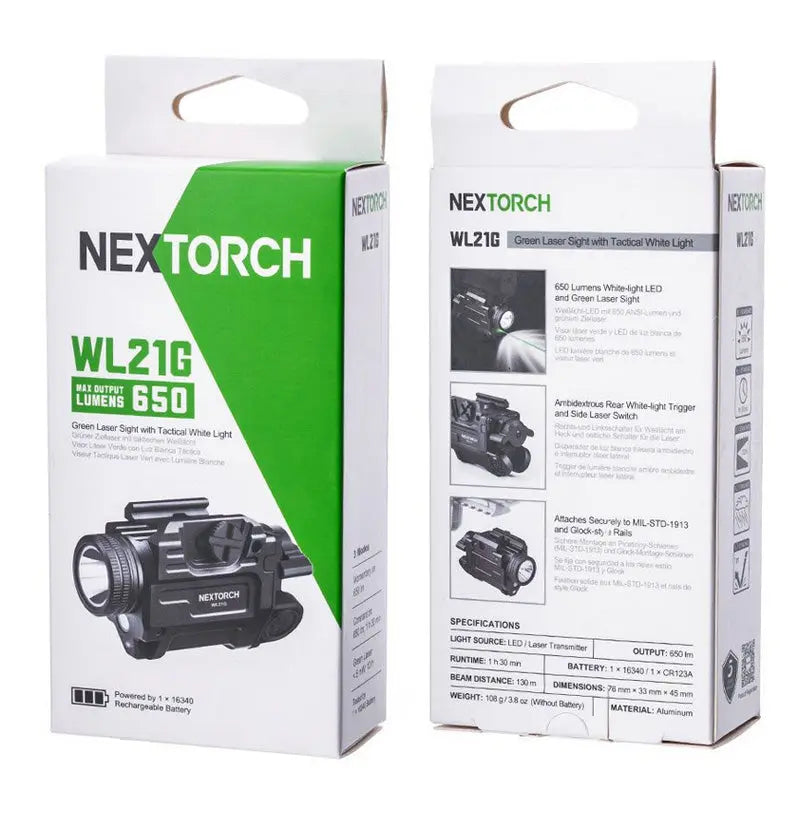 Lampe arme de poing Nextorch WL21G - 650 Lumens + laser vert - Fixation sur rail  NYCTALOPE  
