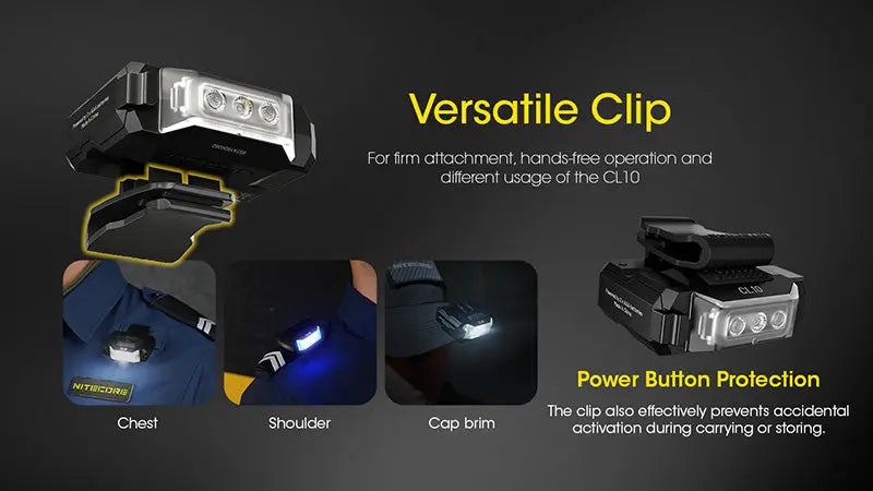 Lampe de Position Nitecore CL10 45 Lumens - Triple Source Lumineuse - Clip Multi-Positions  NYCTALOPE  