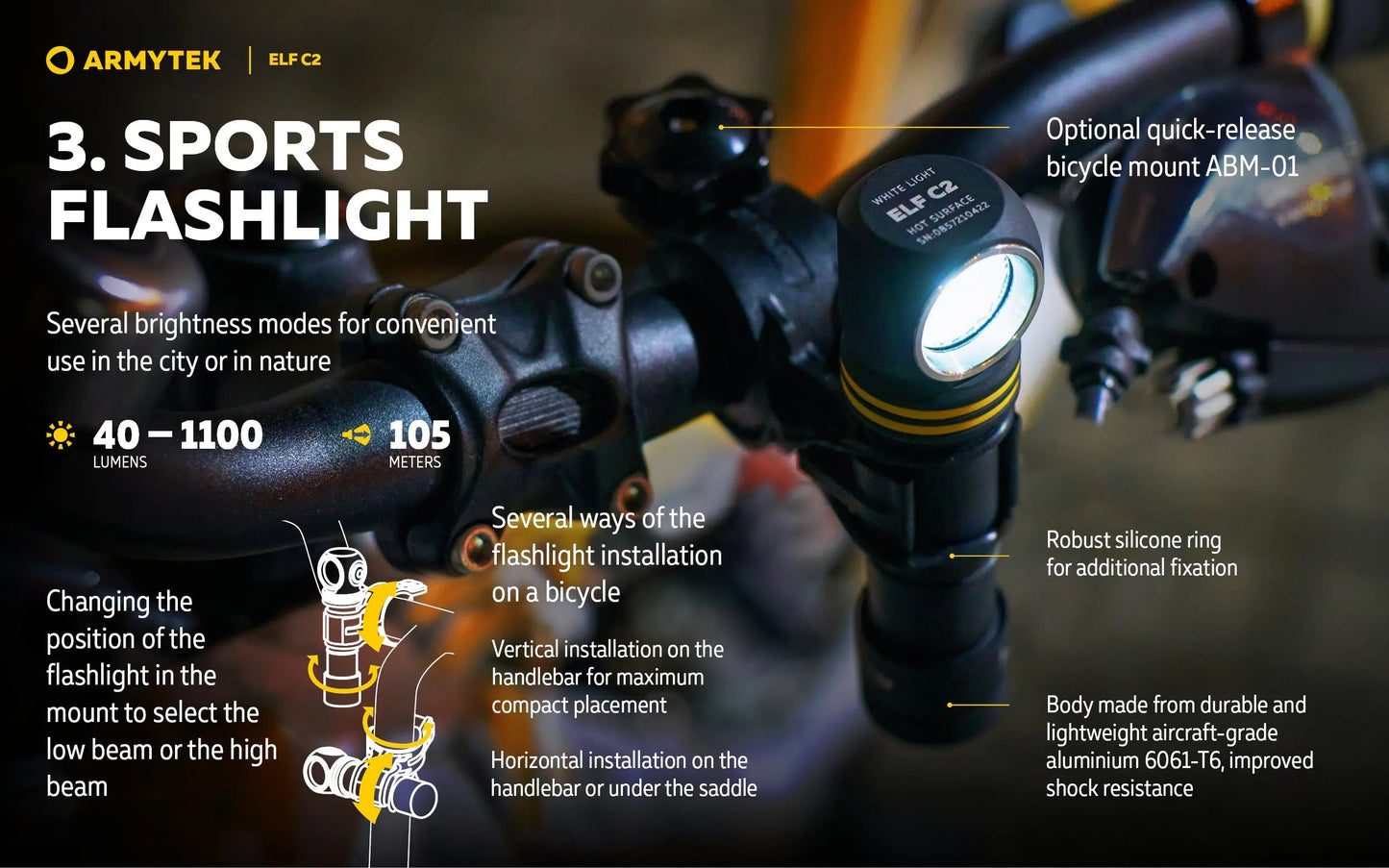 Lampe frontale Armytek Elf C2 USB-C - 1023 Lumens - Warm - NYCTALOPE