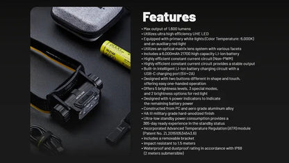 Lampe frontale Nitecore HC70 UHE - 1600 Lumens  NYCTALOPE  