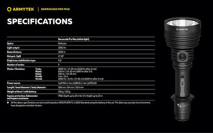 Lampe torche Armytek Barracuda Pro Max White 2800 Lumens - Portée 1000m - Rechargeable - Batterie 21700 Li-Ion  NYCTALOPE  
