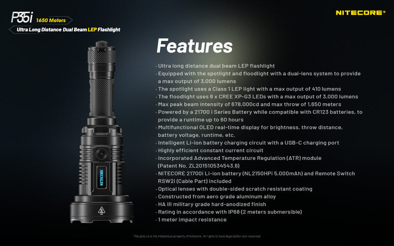 Lampe torche tactique laser Nitecore P35i LEP – 3000 Lumens  NYCTALOPE  