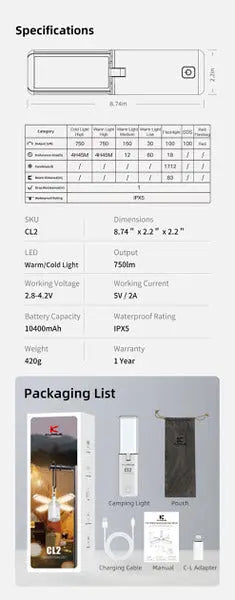 Lanterne Klarus CL2 – 750 Lumens – Rechargeable et Powerbank - Grise  NYCTALOPE  