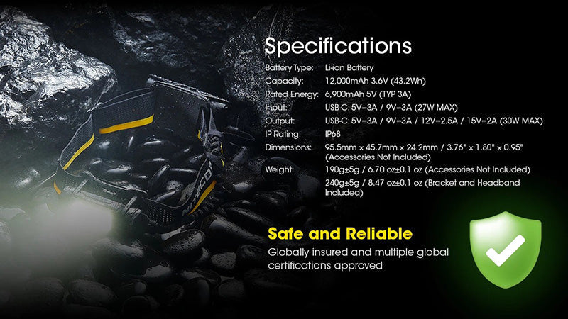 Nitecore 12K 12000mAh Kit Batterie Externe Carbone - Compatible NU45 / NU53 / HC65UHE  NYCTALOPE  