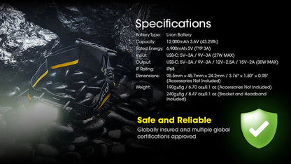 Nitecore 12K 12000mAh Kit Batterie Externe Carbone - Compatible NU45 / NU53 / HC65UHE  NYCTALOPE  