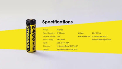Pack de 4 batteries AA Nitecore NH2400 - 2400mAh 1.5V rechargeable en USB-C - NYCTALOPE