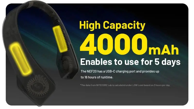 Ventilateur de cou portable Nitecore NEF20 – capacité 4000 mAh – Rechargeable USB-C  NYCTALOPE  