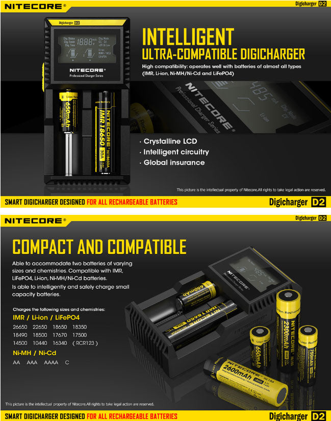 Chargeur D2 Nitecore Li-ion, IMR, Ni-MH, LiFePO4 et Ni-CD  NYCTALOPE  