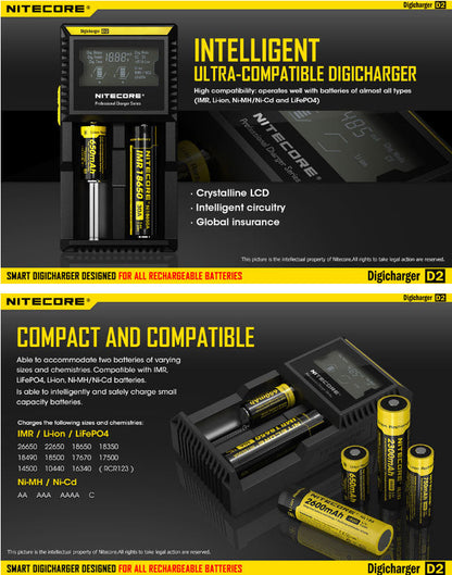 Chargeur D2 Nitecore Li-ion, IMR, Ni-MH, LiFePO4 et Ni-CD  NYCTALOPE  