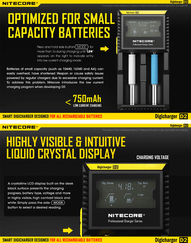 Chargeur D2 Nitecore Li-ion, IMR, Ni-MH, LiFePO4 et Ni-CD  NYCTALOPE  
