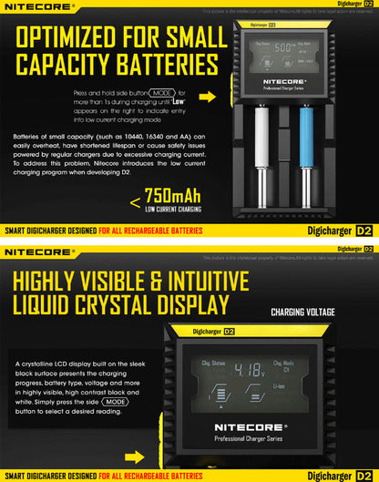 Chargeur D2 Nitecore Li-ion, IMR, Ni-MH, LiFePO4 et Ni-CD  NYCTALOPE  