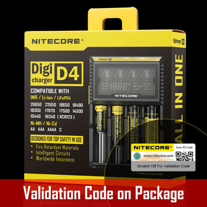 Chargeur D4 Nitecore Li-ion, IMR, Ni-MH, LiFePO4 et Ni-CD  NYCTALOPE  