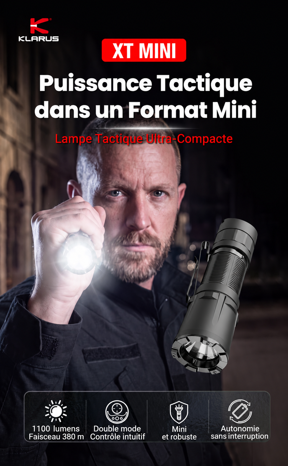 Klarus XT Mini - Lampe tactique compacte à double interrupteur arrière