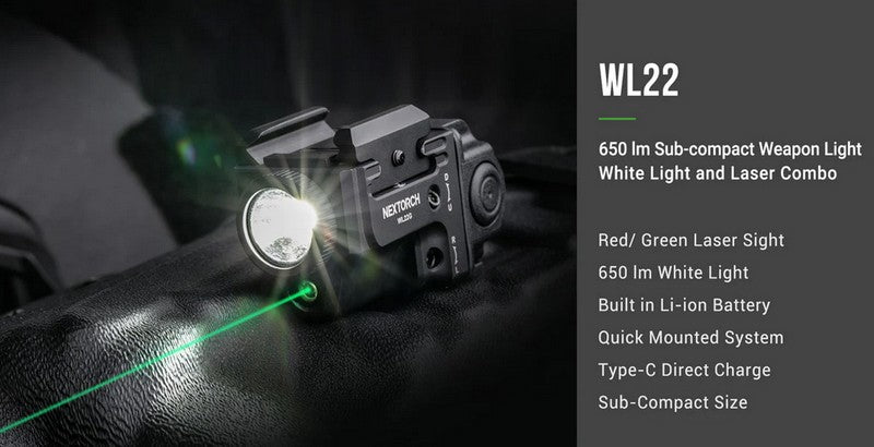 Lampe arme de poing Nextorch WL22G - 650 Lumens + laser vert - Fixation sur rail  NYCTALOPE  